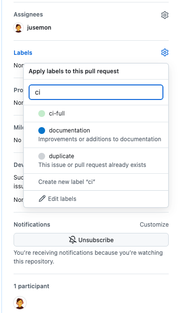 GitHub label menu on a pull request, with ci-full in the list